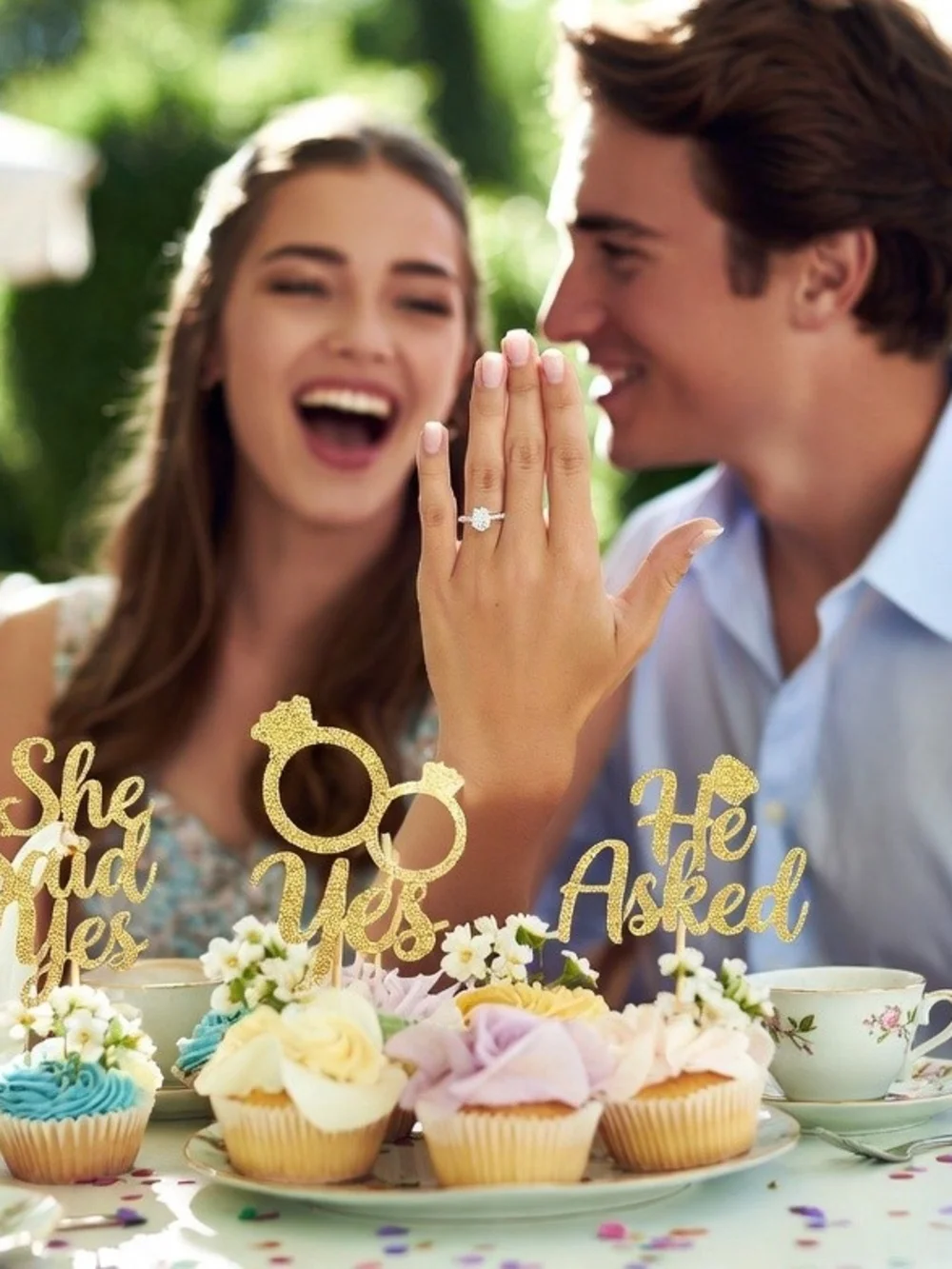 Gold 'She Said Yes' & 'He Asked' Cake Toppers - Glitter Engagement Picks